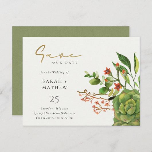 CARTE POSTALE FAIRE-PART CACTUS SUCCULENTE ORANGE ÉCONOMISEUR D'EAU (Devant / Derrière)