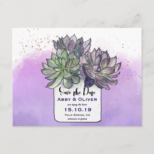 Carte Postale Faire-part Cactus Violet Vert Succulente Photo Save The Date (Devant)
