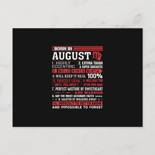 Carte Postale Faire-part Cadeaux d'anniversaire Août - Né en Vierge d'Août (Devant)