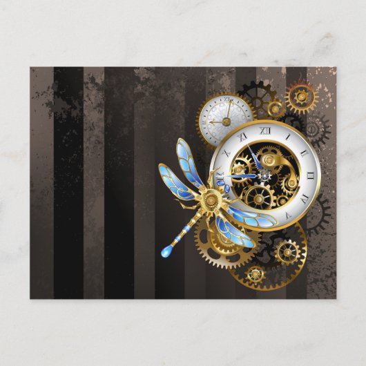 Carte Postale Faire-part Cadran Steampunk avec libellule (Devant)