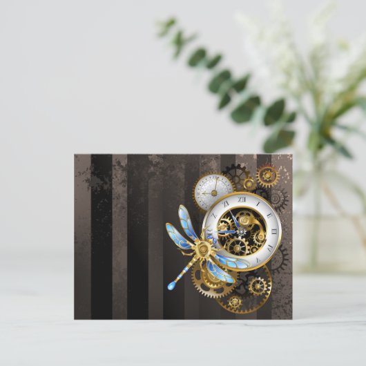Carte Postale Faire-part Cadran Steampunk avec libellule (Debout devant)