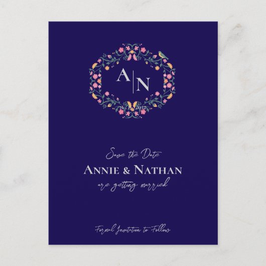 Carte Postale Faire-part Cadre de mariage floral complexe Monogramme Bleu (Devant)