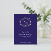 Carte Postale Faire-part Cadre de mariage floral complexe Monogramme Bleu (Debout devant)