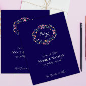 Carte Postale Faire-part Cadre de mariage floral complexe Monogramme Bleu