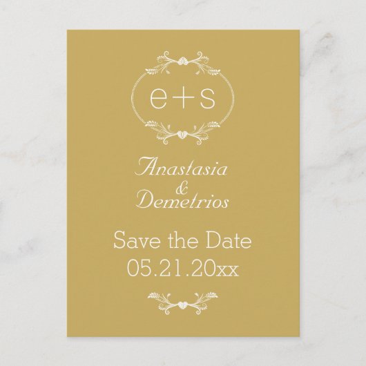 Carte Postale Faire-part Cadre et initiales dorés, Save the Date de mariage (Devant)