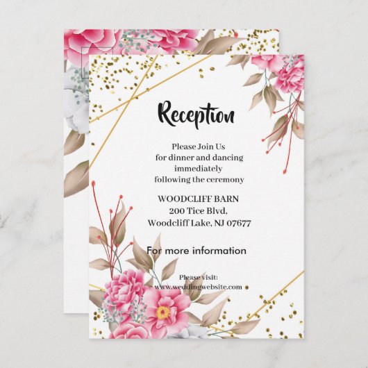 Carte Postale Faire-part Cadre géométrique doré réception florale rose (Devant / Derrière)