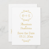 Carte Postale Faire-part Cadre or avec initiales mariage Enregistrer la dat (Devant / Derrière)