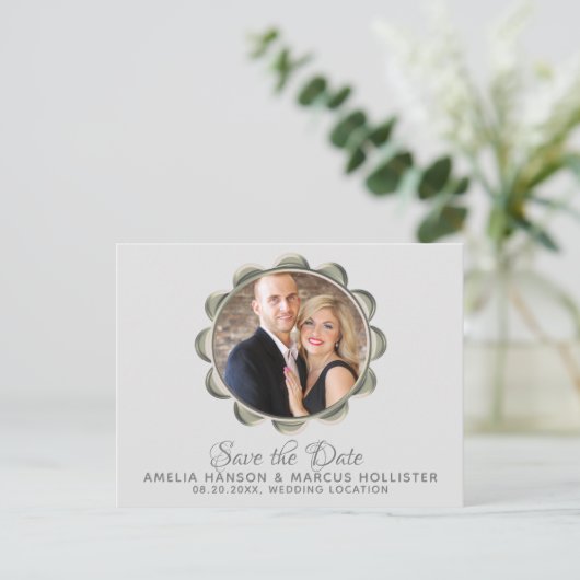 Carte Postale Faire-part Cadre ovale gris élégant Photo Save the Date (Debout devant)