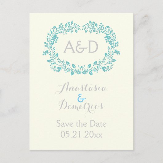 Carte Postale Faire-part Cadres de feuillage Aqua initiales mariage Enregis (Devant)