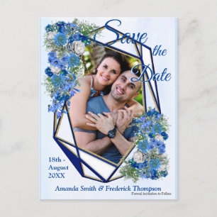 Carte Postale Faire-part Cadres géométriques Gold-Navy & Fleurs bleues