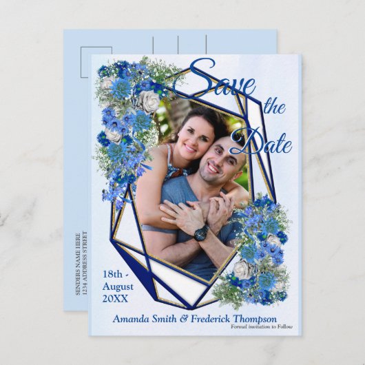 Carte Postale Faire-part Cadres Géométriques Or-Navy & Fleurs Bleues (Devant / Derrière)