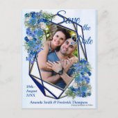 Carte Postale Faire-part Cadres Géométriques Or-Navy & Fleurs Bleues (Devant)