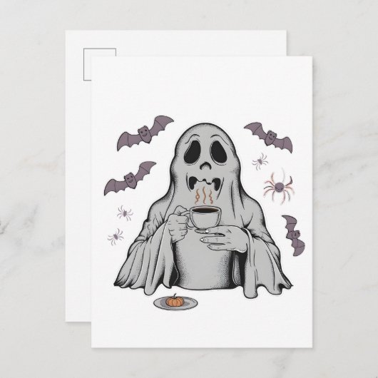 Carte Postale Faire-part Café éffrayant Ghost Boire Halloween Café (Devant / Derrière)