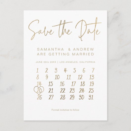 Carte Postale Faire-part Calendrier blanc or simple enregistrer la date (Devant)
