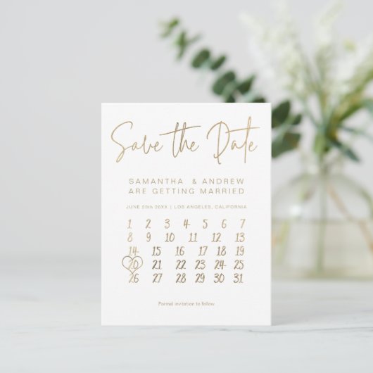 Carte Postale Faire-part Calendrier blanc or simple enregistrer la date (Debout devant)