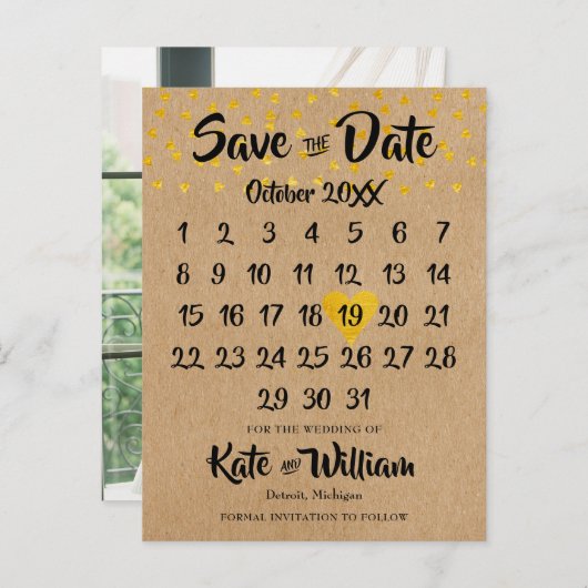 Carte Postale Faire-part Calendrier cardiaque Boho rustique Photo Enregistr (Devant / Derrière)