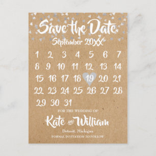 Carte Postale Faire-part Calendrier cœur d'amour en argent rustique Enregis