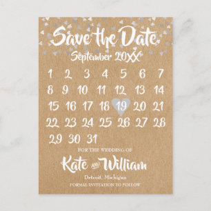 Carte Postale Faire-part Calendrier cœur d'amour en argent rustique Enregis