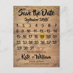Carte Postale Faire-part Calendrier Coeur d'Amour en Bois Rustique et Or Sa