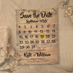 Carte Postale Faire-part Calendrier coeur d'amour en bois rustique or Sauve