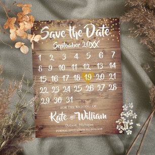 Carte Postale Faire-part Calendrier coeur d'amour en bois rustique or Sauvo