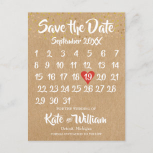 Carte Postale Faire-part Calendrier coeur d'amour Kraft rustique Enregistre