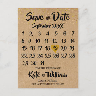 Carte Postale Faire-part Calendrier de cœur en or Rustic Kraft Enregistrez