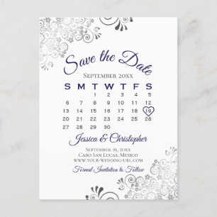 Carte Postale Faire-part Calendrier de mariage à conserver Bleu marine sur