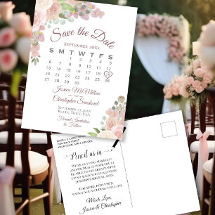 Carte Postale Faire-part Calendrier de mariage à fleurs rose poudré pour an