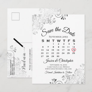 Carte Postale Faire-part Calendrier de mariage à motifs noirs et blancs pou
