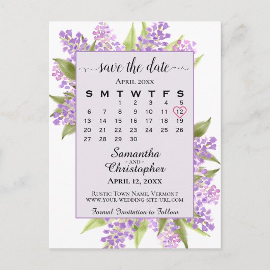 Carte Postale Faire-part Calendrier de mariage aux lilas lavande pour annon (Devant)