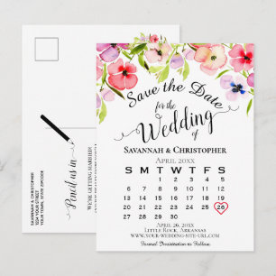 Carte Postale Faire-part Calendrier de mariage aux pensées à l'aquarelle En