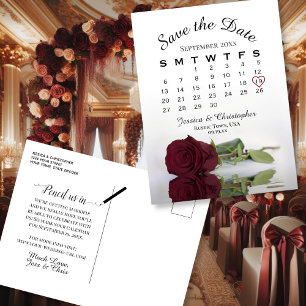 Carte Postale Faire-part Calendrier de mariage Burgundy Rose, Épargnez la d