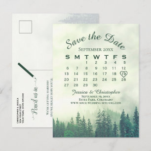 Carte Postale Faire-part Calendrier de Mariage "Forêt Verte Brumeuse" Enreg