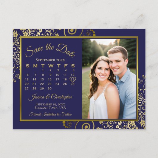 Carte Postale Faire-part Calendrier de mariage Navy & Gold Enregistrez la d (Devant)