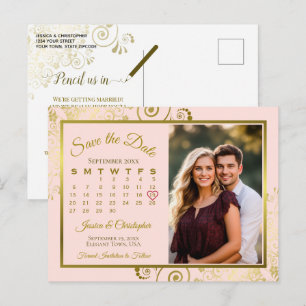 Carte Postale Faire-part Calendrier de mariage rose et or pour annoncer la