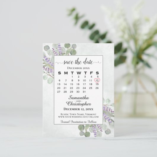 Carte Postale Faire-part Calendrier de mise en garde mariage Eucalyptus Bla (Debout devant)