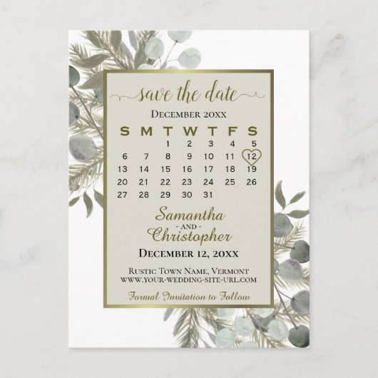 Carte Postale Faire-part Calendrier de mise en vente Eucalyptus & Pin Taupe (Devant)