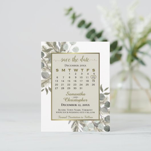 Carte Postale Faire-part Calendrier de mise en vente Eucalyptus & Pin Taupe (Debout devant)