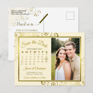 Carte Postale Faire-part Calendrier de photo de mariage or et crème pour an