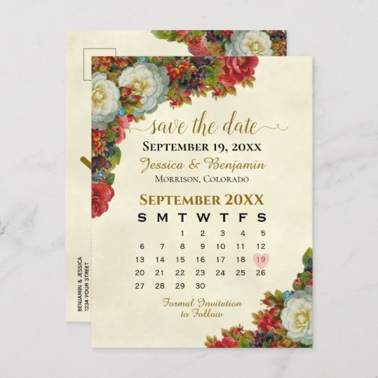 Carte Postale Faire-part Calendrier de sauvegarde de mariage Roses victorie (Devant / Derrière)