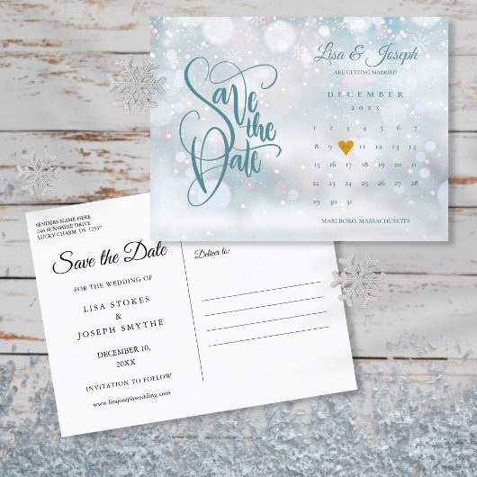 Carte Postale Faire-part Calendrier d'hiver Gold Heart Enregistrer la date