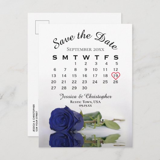 Carte Postale Faire-part Calendrier du Mariage Rose bleu de la Marine Enreg (Devant / Derrière)