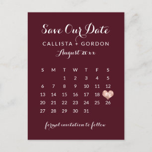 Carte Postale Faire-part Calendrier élégant moderne cœur or rose de Bourgog
