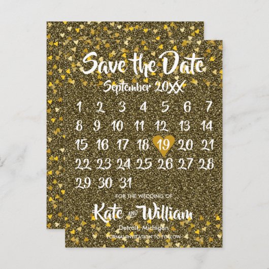 Carte Postale Faire-part Calendrier Enregistrer la date Gold Love Hearts Pa (Devant / Derrière)