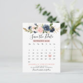 Carte Postale Faire-part Calendrier floral bleu marine Enregistrer la date