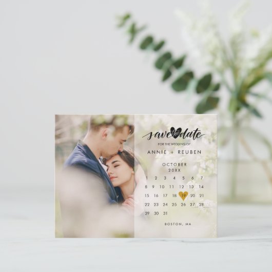 Carte Postale Faire-part Calendrier Gold Heart Photo Enregistrer la date (Debout devant)