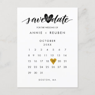 Carte Postale Faire-part Calendrier Gold Love Heart Enregistrer la date