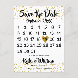 Carte Postale Faire-part Calendrier Gold Love Heart Enregistrer la date