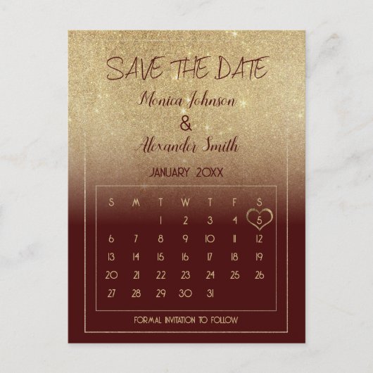 Carte Postale Faire-part Calendrier Paillettes Or et Bourgogne Luxueux Enre (Devant)